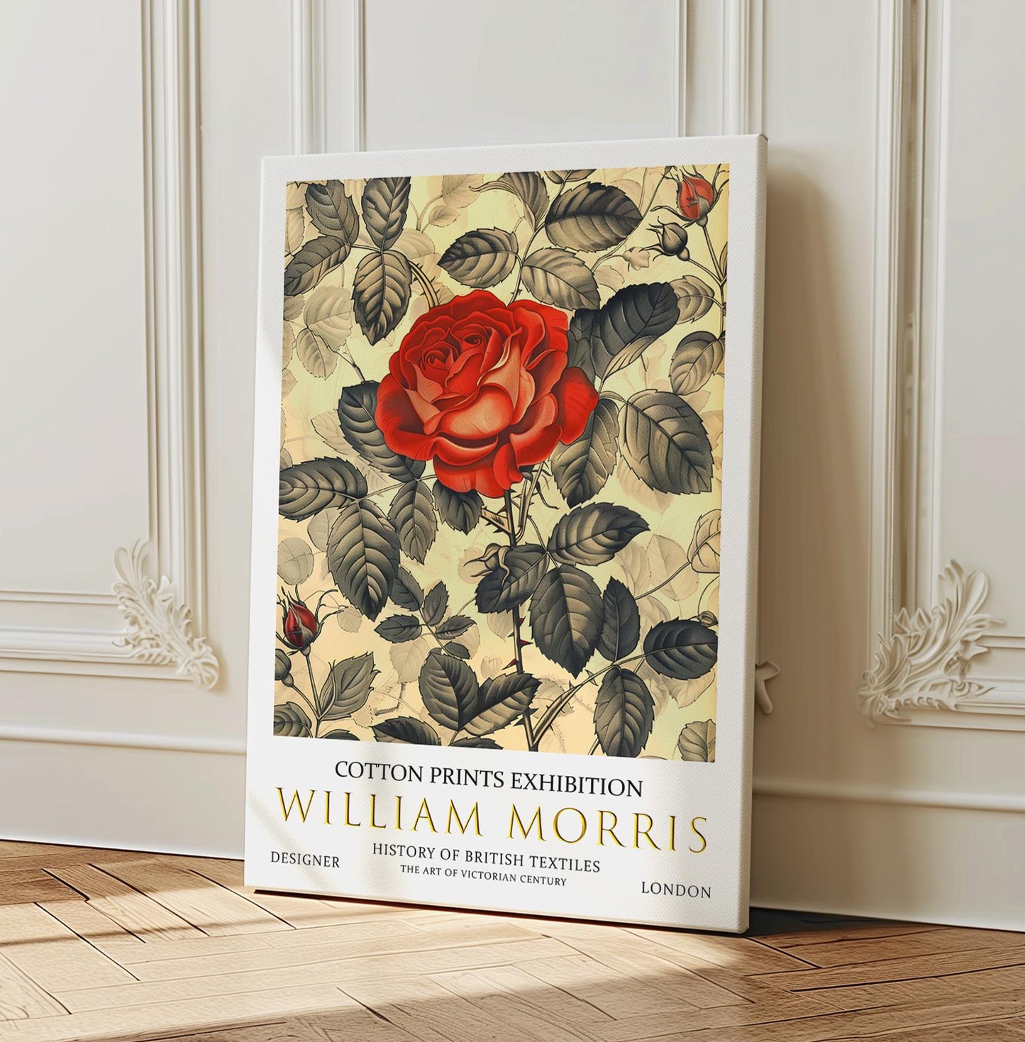 William Morris Canvas, William Morris Exhibition Print on Canvas, William Morris Print, Textile Canvas, Floral Wall Art, Red Rose Canvas