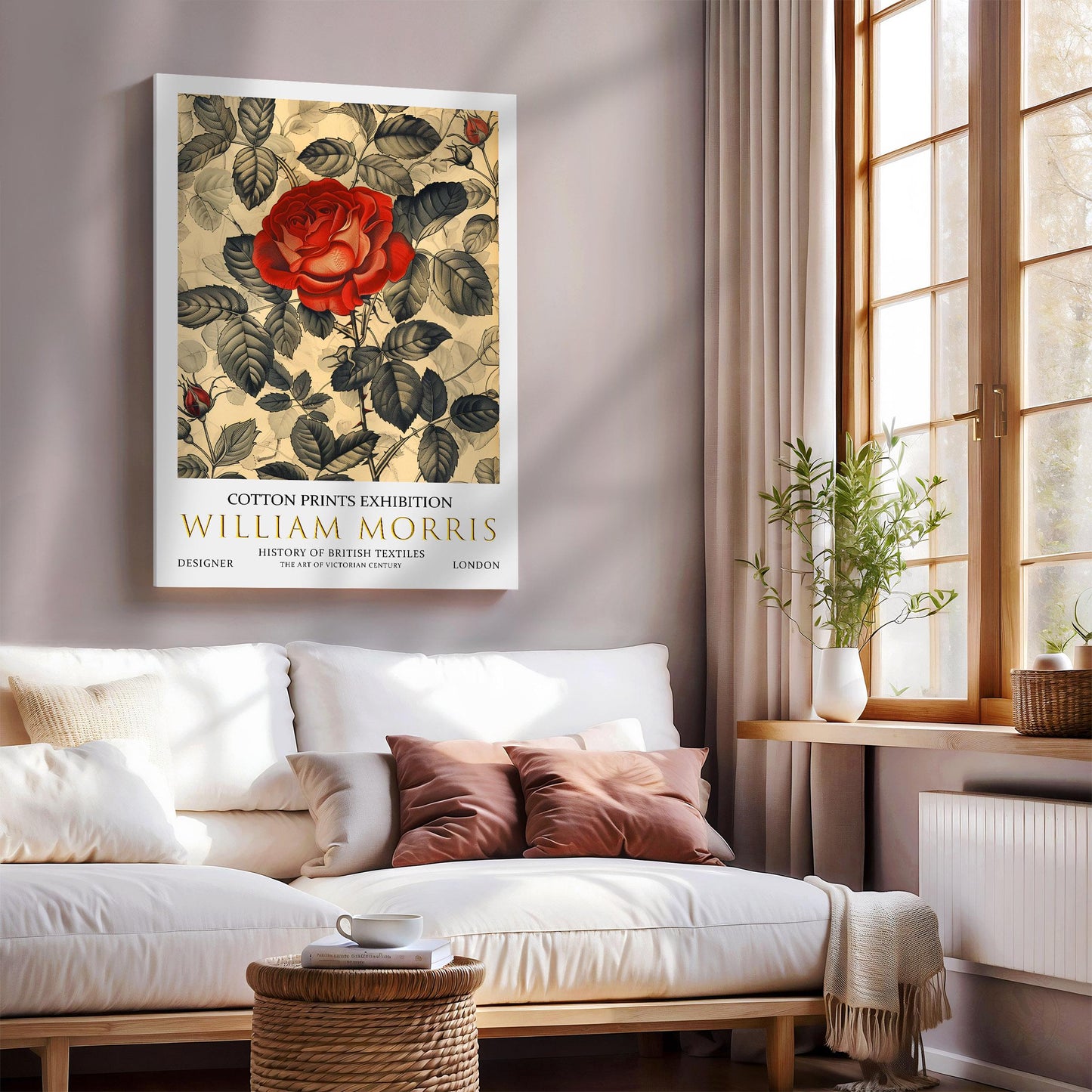 William Morris Canvas, William Morris Exhibition Print on Canvas, William Morris Print, Textile Canvas, Floral Wall Art, Red Rose Canvas