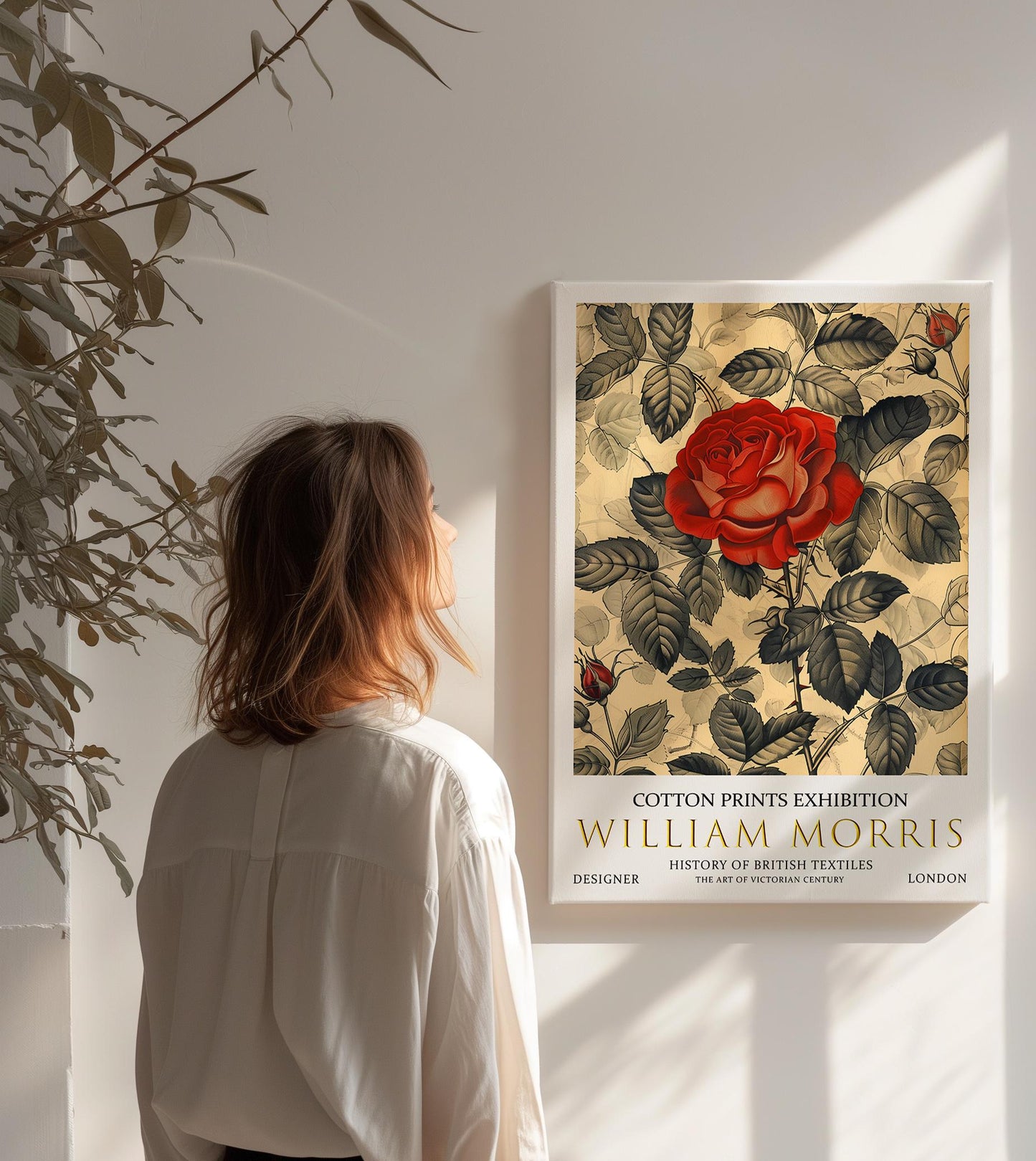 William Morris Canvas, William Morris Exhibition Print on Canvas, William Morris Print, Textile Canvas, Floral Wall Art, Red Rose Canvas