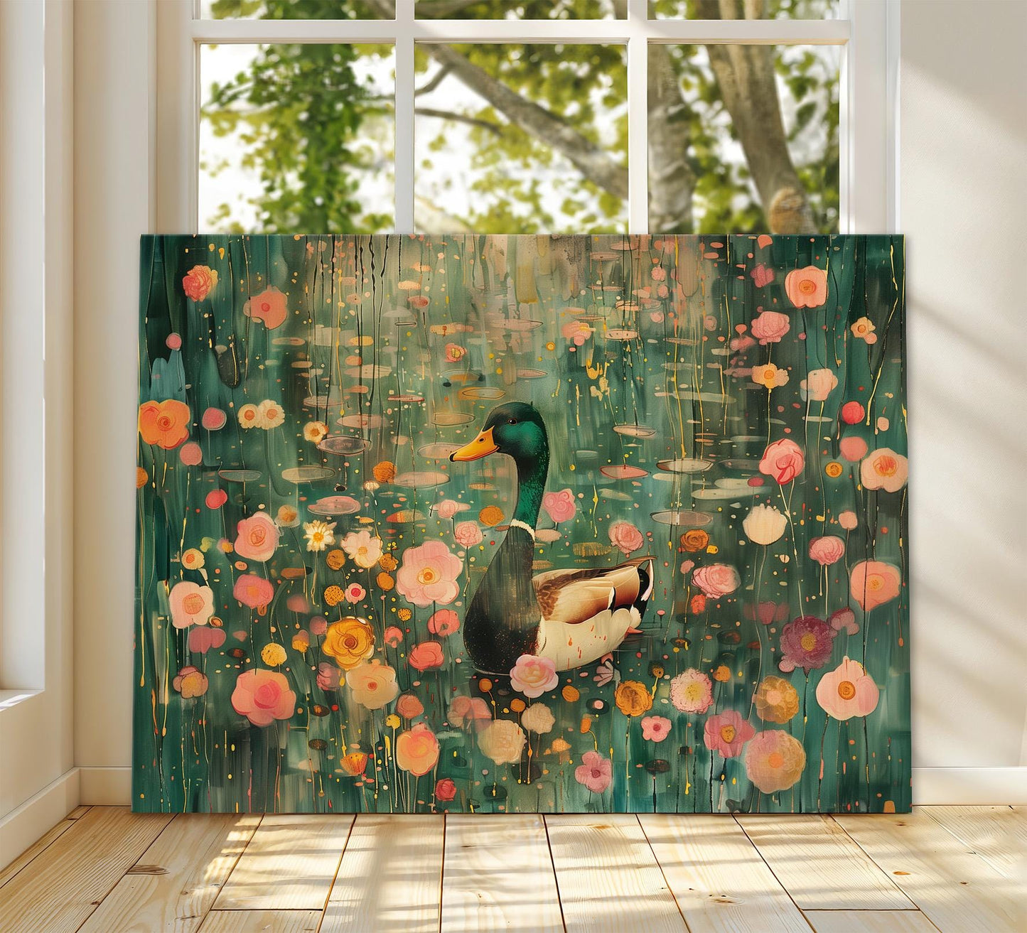 Gustav Klimt Mallard Duck Canvas, Gustav Klimt Exhibition Print, Gustav Klimt Print, Floral Poster, Flower Lake Art, Botanical Wall Art