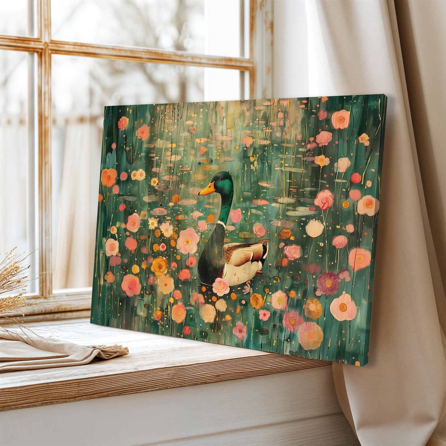 Gustav Klimt Mallard Duck Canvas, Gustav Klimt Exhibition Print, Gustav Klimt Print, Floral Poster, Flower Lake Art, Botanical Wall Art