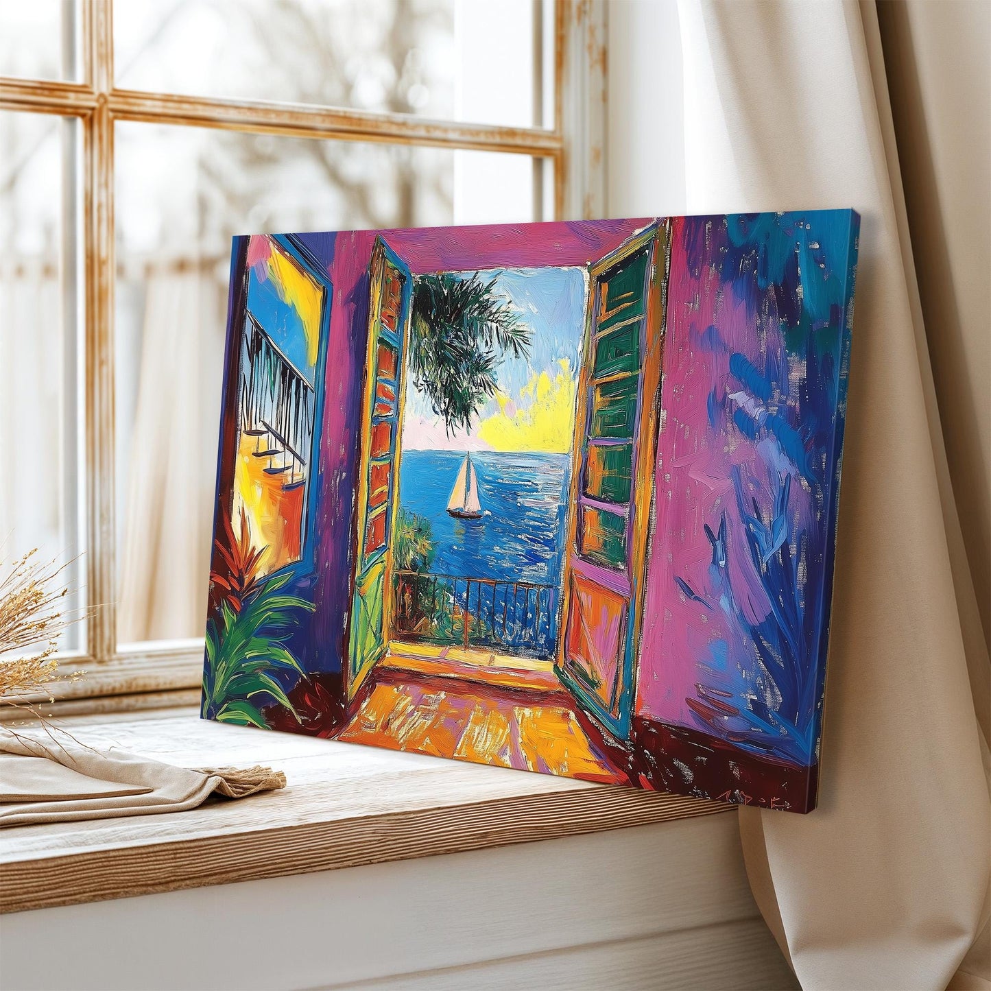 Open Window Henri Matisse Canvas, Henri Matisse Fauvism Painting, Modern Exhibition Print, Tropical Palm Terrace Overlooking Ocean Boat