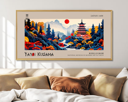 Japanese Art Print - Ukiyo-e Style Pagoda Landscape - Modern Japan Poster - Red Sun Asian Aesthetic, Panoramic Wall Art