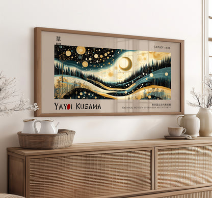 Yayoi Kusama Japanese Art Print - Modern Japandi Wall Art - Abstract Moon & Stars Poster, Zen Nature Decor, Museum Exhibition Print