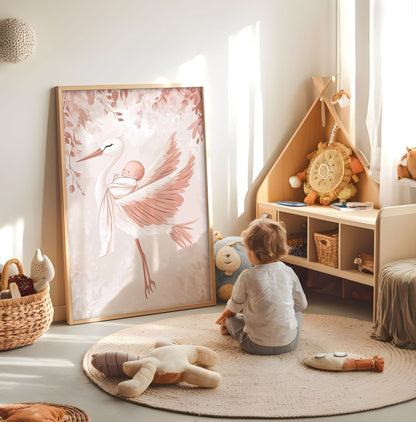 Stork Baby Nursery Print - Soft Watercolour Baby Room Wall Art - Newborn Gift - Pink Boho Nursery Decor - Baby Shower Gift - Nursery Wall Art
