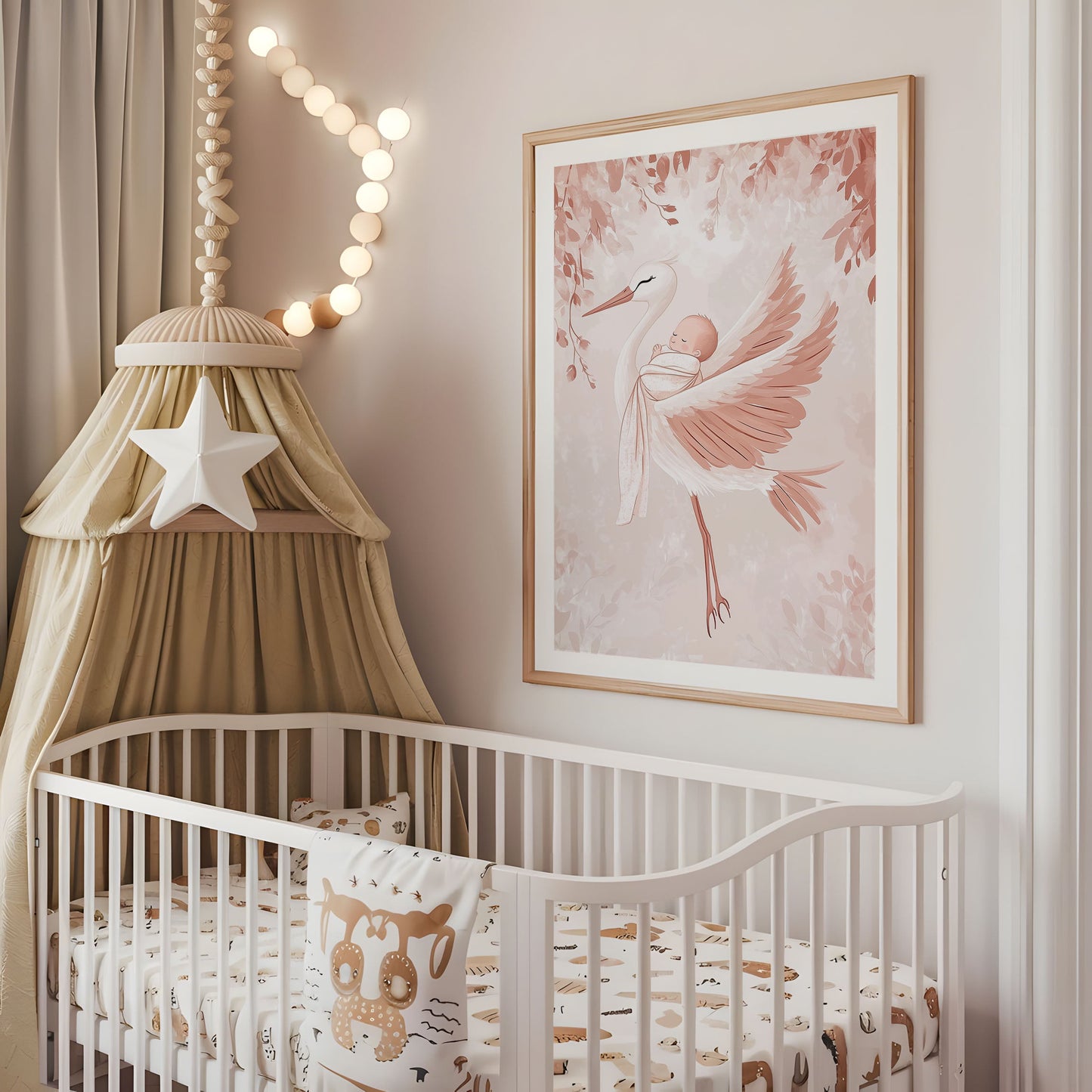 Stork Baby Nursery Print - Soft Watercolour Baby Room Wall Art - Newborn Gift - Pink Boho Nursery Decor - Baby Shower Gift - Nursery Wall Art