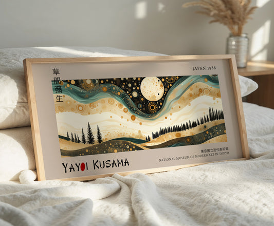 Yayoi Kusama Panoramic Print - Moon And Stars, Japanese Dreamscape, Japanese Wall Art, Bedroom Wall Décor, Museum Exhibition Poster