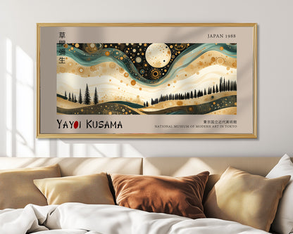 Yayoi Kusama Panoramic Print - Moon And Stars, Japanese Dreamscape, Japanese Wall Art, Bedroom Wall Décor, Museum Exhibition Poster