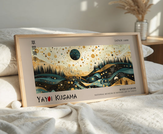 Yayoi Kusama Panoramic Print - Gold Celestial Landscape, Japanese Starry Night, Japanese Wall Art, Bedroom Wall Art, Exhibition Poster