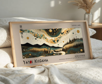 Yayoi Kusama Panoramic Art Print - Celestial Landscape Wall Decor, Japanese Wall Print, Modern Abstract Poster, Moon And Stars