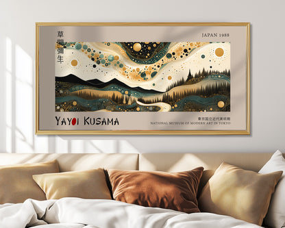 Yayoi Kusama Panoramic Art Print - Celestial Landscape Wall Decor, Japanese Wall Print, Modern Abstract Poster, Moon And Stars