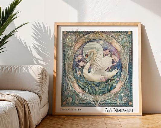 Art Nouveau Print – Vintage French Wall Art - Classic Art Decor - Gallery Wall Print - Floral Swan Print