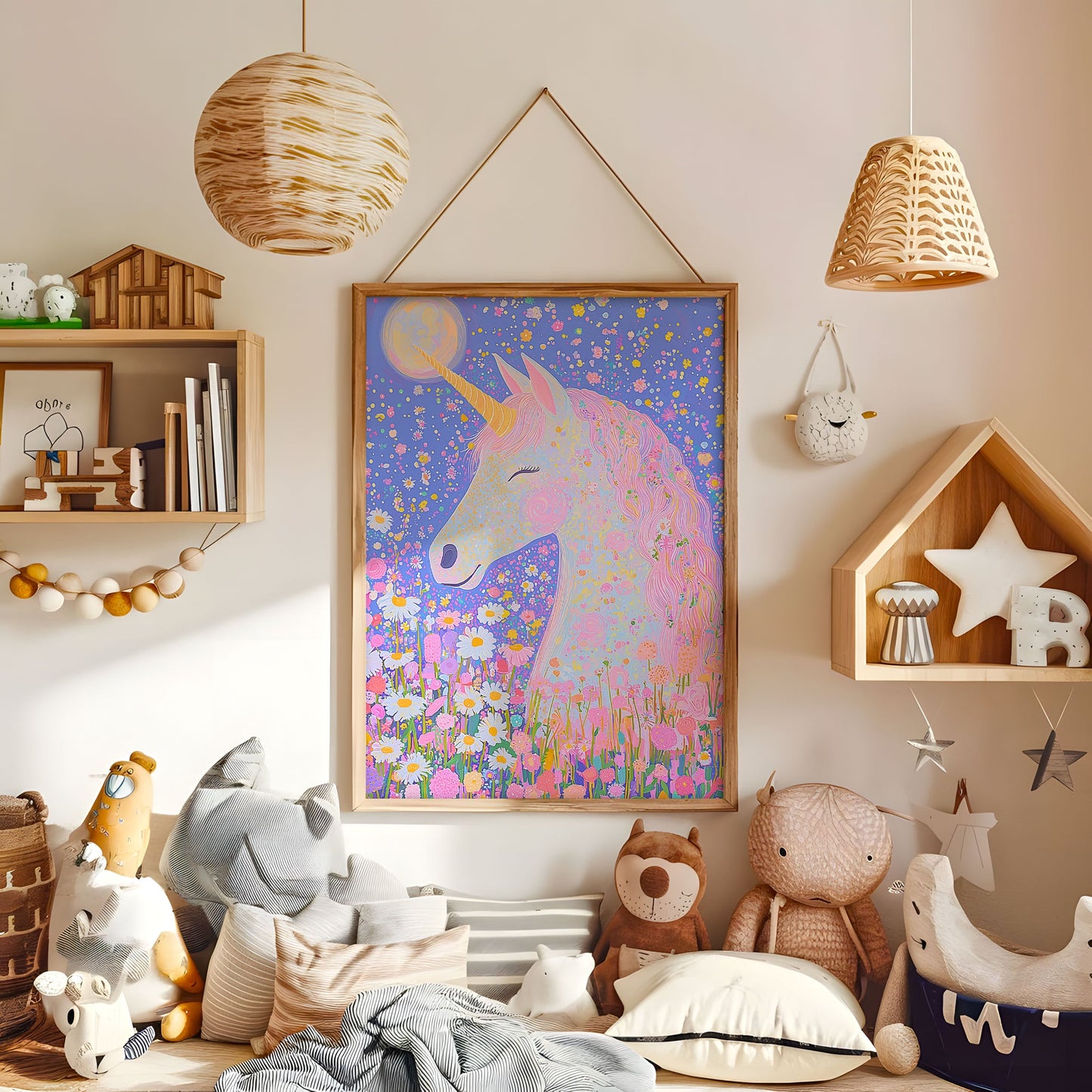 Unicorn Nursery Print - Whimsical Wall Art - Pastel Unicorn Poster - Girl’s Room Decor - Boho Print - Floral Artwork - Kids Bedroom Art