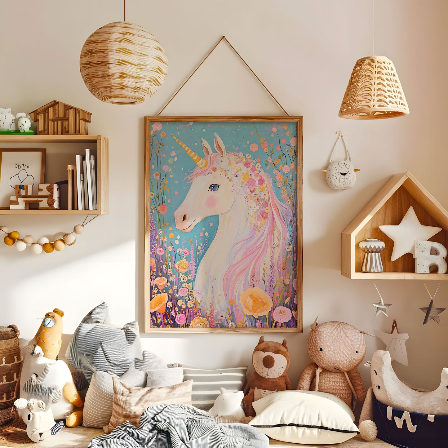 Floral Unicorn Nursery Print - Whimsical Kids Room Wall Art - Fantasy Unicorn Poster - Pastel Boho Decor - Girls Bedroom Artwork