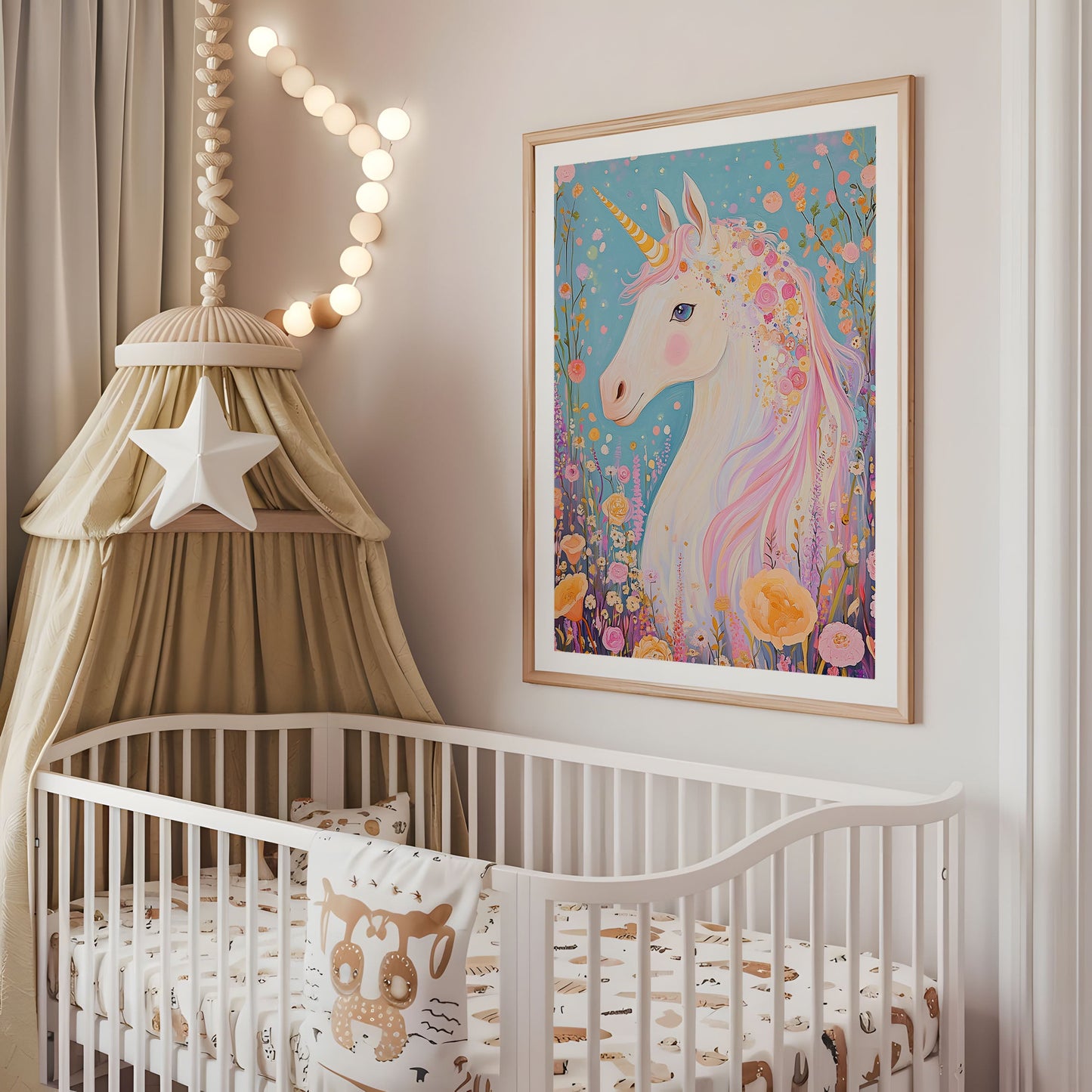 Floral Unicorn Nursery Print - Whimsical Kids Room Wall Art - Fantasy Unicorn Poster - Pastel Boho Decor - Girls Bedroom Artwork