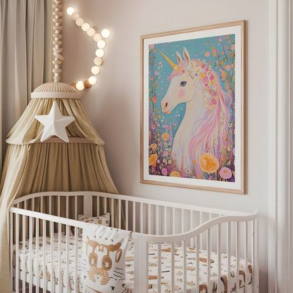 Floral Unicorn Nursery Print - Whimsical Kids Room Wall Art - Fantasy Unicorn Poster - Pastel Boho Decor - Girls Bedroom Artwork