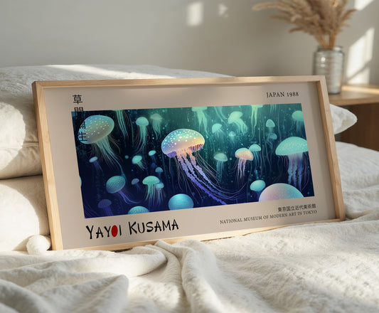 Japanese Jellyfish Print - Panoramic Art, Deep Sea Ocean, Relaxing Home & Office Décor, Bioluminescent Marine Poster, Jellyfish Wall Art