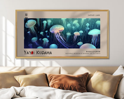 Japanese Jellyfish Print - Panoramic Art, Deep Sea Ocean, Relaxing Home & Office Décor, Bioluminescent Marine Poster, Jellyfish Wall Art