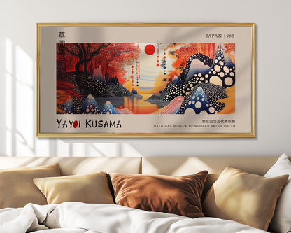 Japanese Landscape Art, Red Sun Print, Modern Kusama Style, Abstract Nature Poster, Zen Wall Decor, Museum Quality Japanese