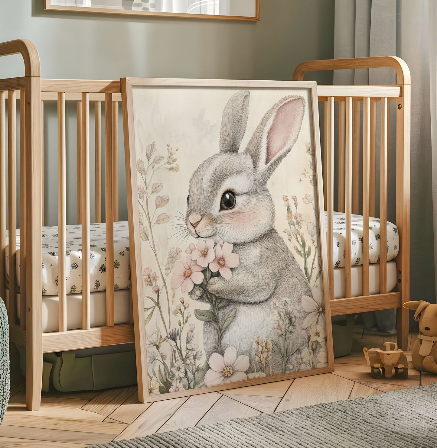 Floral Bunny Nursery Print - Woodland Animal Wall Art - Kids Room Decor - Soft Pastel Bunny Poster - Neutral Nursery Artwork - Nursery Decor