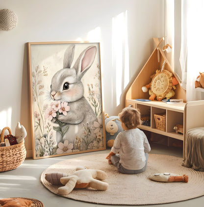 Floral Bunny Nursery Print - Woodland Animal Wall Art - Kids Room Decor - Soft Pastel Bunny Poster - Neutral Nursery Artwork - Nursery Decor