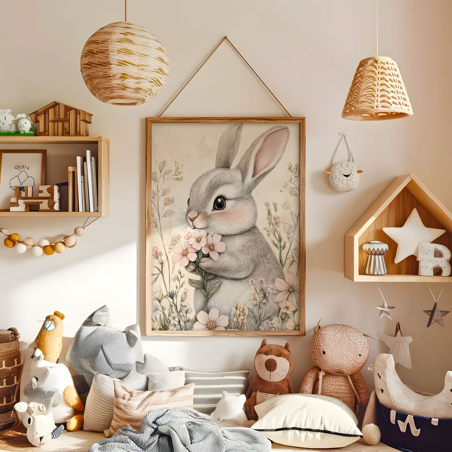 Floral Bunny Nursery Print - Woodland Animal Wall Art - Kids Room Decor - Soft Pastel Bunny Poster - Neutral Nursery Artwork - Nursery Decor