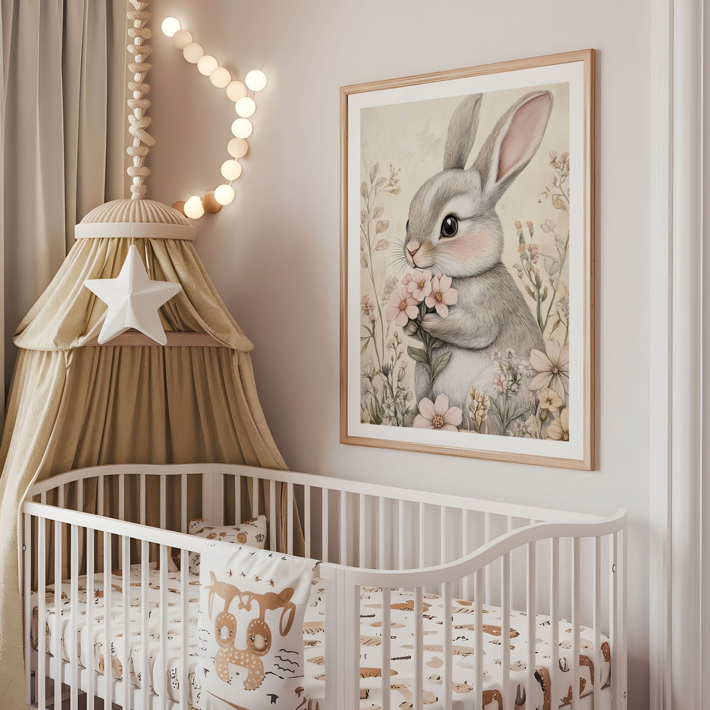 Floral Bunny Nursery Print - Woodland Animal Wall Art - Kids Room Decor - Soft Pastel Bunny Poster - Neutral Nursery Artwork - Nursery Decor