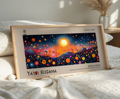 Yayoi Kusama Panoramic Print - Colourful Floral Sunset, Japanese Wall Art, Dreamy Abstract Wall Decor, Exhibition Poster