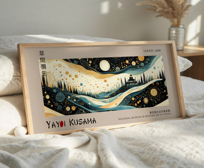 Japanese Panoramic Print, Yayoi Kusama Art Print, Japandi Wall Decor, Abstract Starry Landscape, Museum Quality Poster