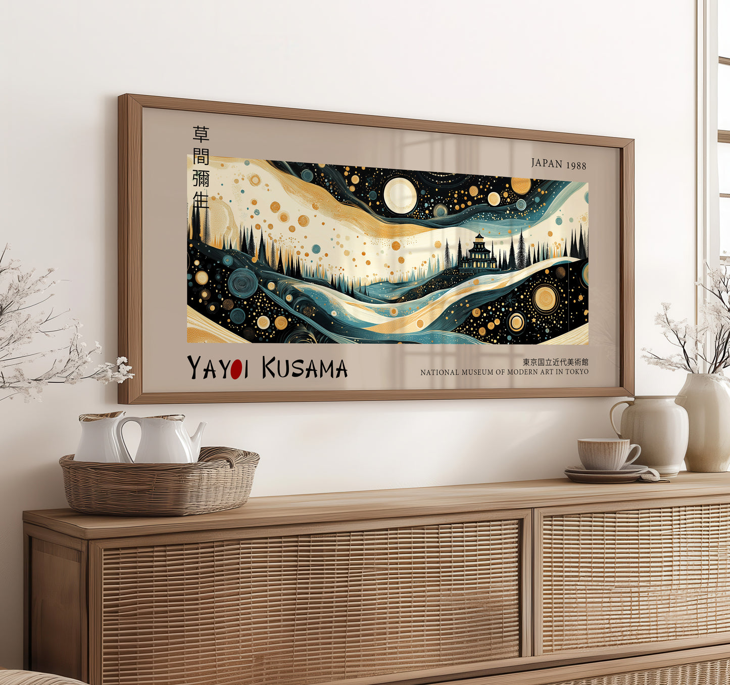 Japanese Panoramic Print, Yayoi Kusama Art Print, Japandi Wall Decor, Abstract Starry Landscape, Museum Quality Poster