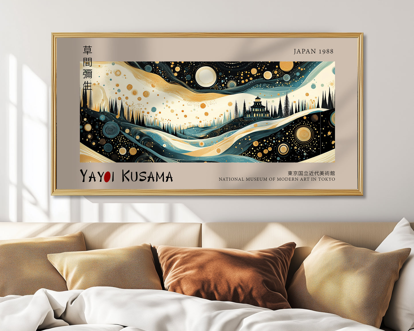 Japanese Panoramic Print, Yayoi Kusama Art Print, Japandi Wall Decor, Abstract Starry Landscape, Museum Quality Poster