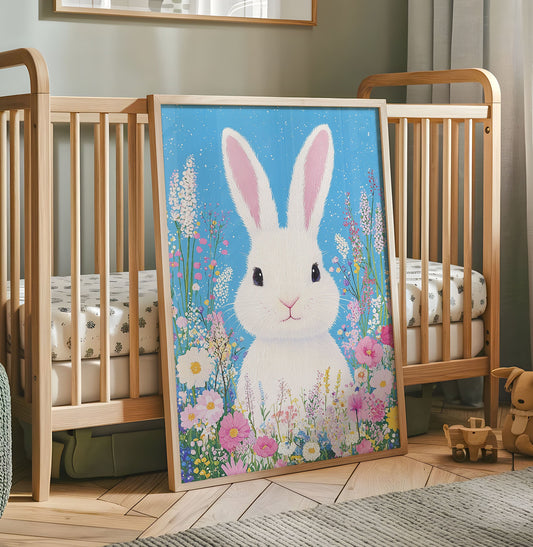 Bunny Nursery Print - Cute Rabbit Wall Art - Floral Animal Poster - Whimsical Kids Room Decor - Pastel Spring Bunny - Baby Bedroom Artwork