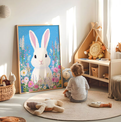 Bunny Nursery Print - Cute Rabbit Wall Art - Floral Animal Poster - Whimsical Kids Room Decor - Pastel Spring Bunny - Baby Bedroom Artwork