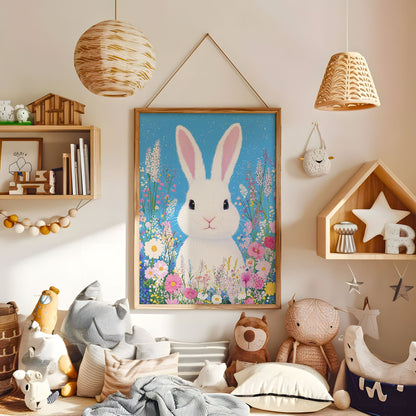 Bunny Nursery Print - Cute Rabbit Wall Art - Floral Animal Poster - Whimsical Kids Room Decor - Pastel Spring Bunny - Baby Bedroom Artwork