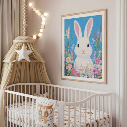 Bunny Nursery Print - Cute Rabbit Wall Art - Floral Animal Poster - Whimsical Kids Room Decor - Pastel Spring Bunny - Baby Bedroom Artwork