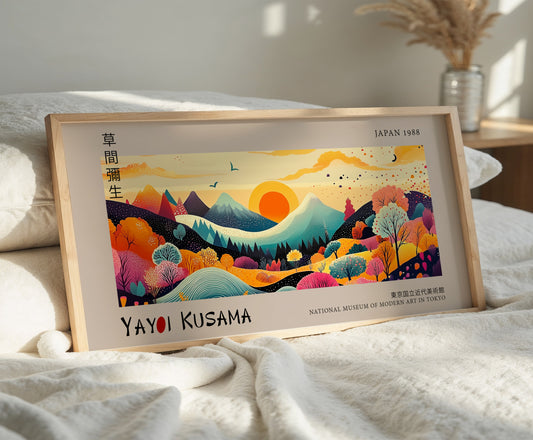 Japanese Panoramic Print, Yayoi Kusama Print, Abstract Wall Art, Exhibition Poster, Japanese Sunset Landscape, Colourful Living Room Decor