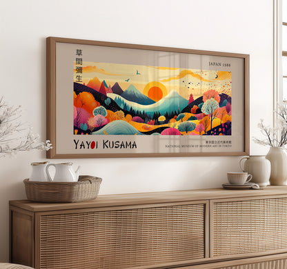 Japanese Panoramic Print, Yayoi Kusama Print, Abstract Wall Art, Exhibition Poster, Japanese Sunset Landscape, Colourful Living Room Decor