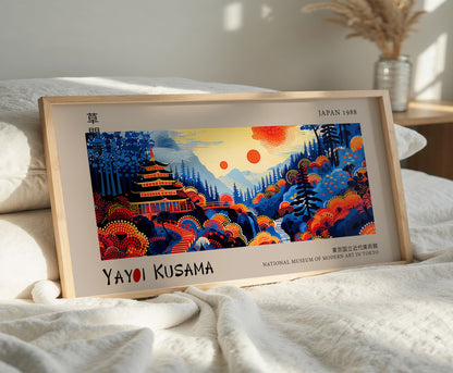 Japanese Panoramic Print, Yayoi Kusama Print, Abstract Wall Art, Yayoi Kusama Exhibition Poster, Japanese Vibrant Pagoda Landscape