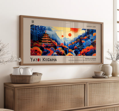 Japanese Panoramic Print, Yayoi Kusama Print, Abstract Wall Art, Yayoi Kusama Exhibition Poster, Japanese Vibrant Pagoda Landscape