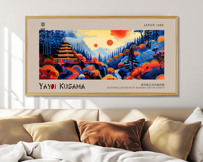 Japanese Panoramic Print, Yayoi Kusama Print, Abstract Wall Art, Yayoi Kusama Exhibition Poster, Japanese Vibrant Pagoda Landscape