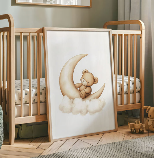 Sleepy Bear Moon Nursery Print – Cute Teddy Bear Wall Art - Neutral Wall Art - Nursery Moon Print - Baby Room - Nursery Print - Play Room