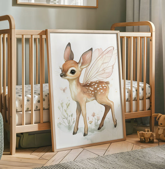 Fairy Deer Art Print – Whimsical Deer Illustration, Fantasy Woodland Nursery Decor, Magical Animal Poster, Enchanted Kids Room Art