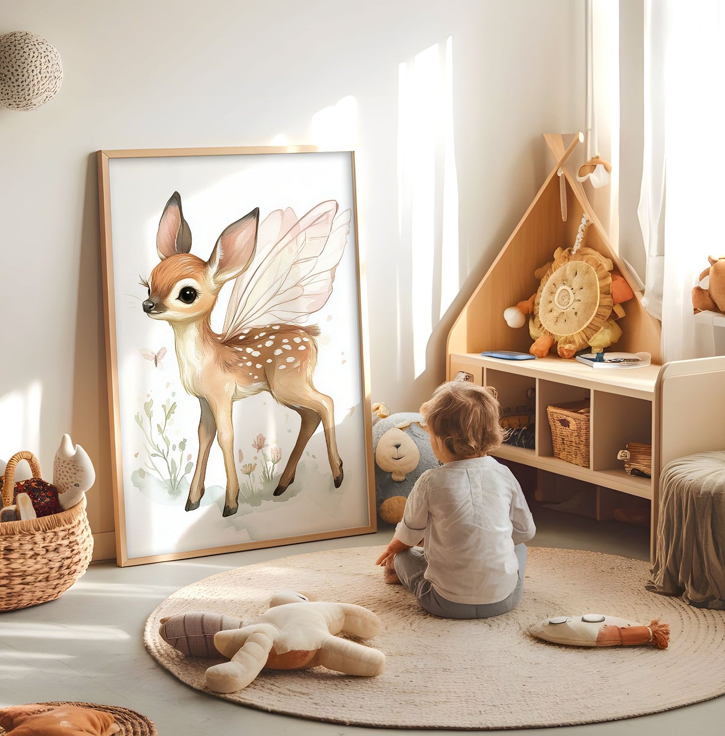 Fairy Deer Art Print – Whimsical Deer Illustration, Fantasy Woodland Nursery Decor, Magical Animal Poster, Enchanted Kids Room Art