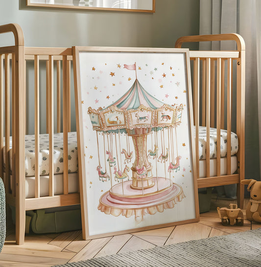 Carousel Nursery Wall Art - Vintage Pastel Merry-Go-Round Print, Whimsical Baby Room Decor, Gender Neutral Kids Artwork, Watercolour Poster