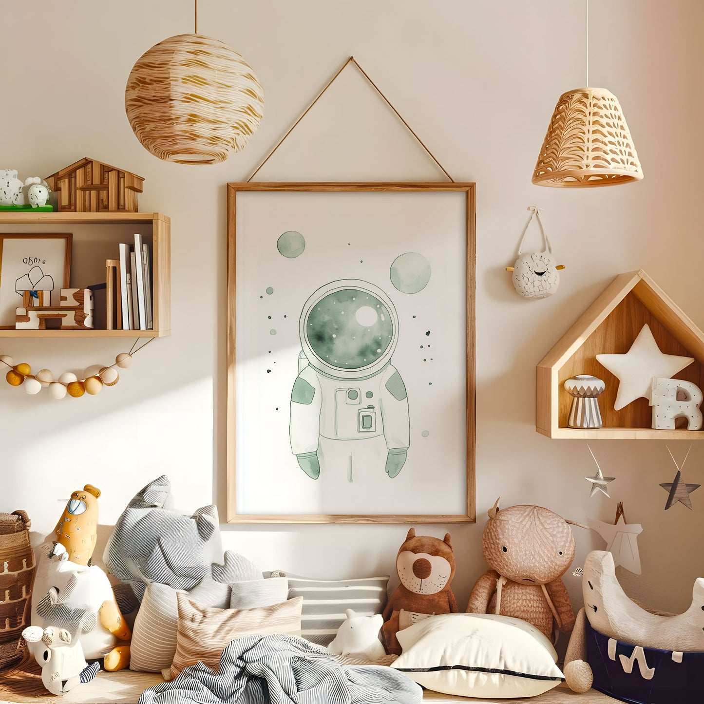 Astronaut Print - Outer Space Wall Art - Watercolor Spaceship Illustration - Spaceman Kids Room Decor - Galaxy Adventure Poster