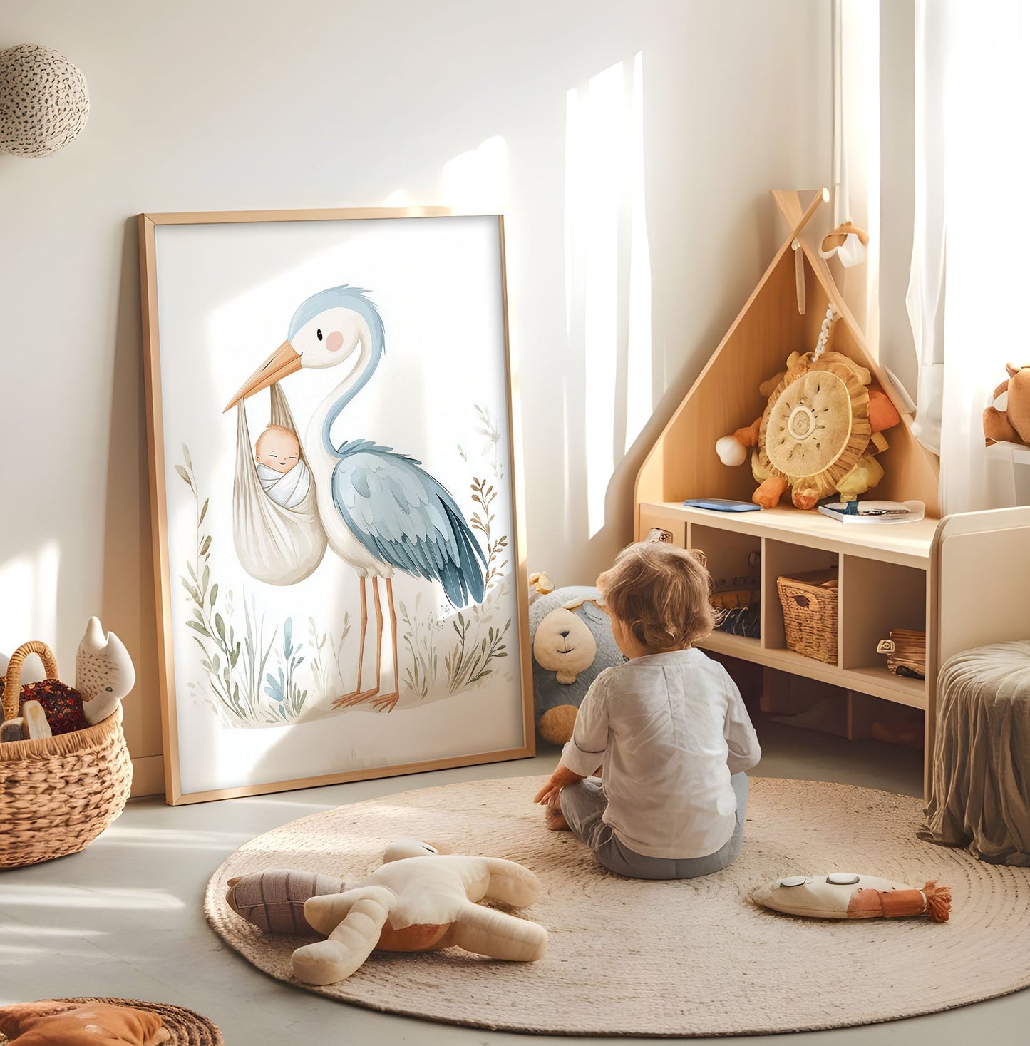 Stork and Baby Nursery Print - Birth Announcement Art - Boho Baby Room Decor - Gender Neutral Watercolor Poster - Newborn Gift Illustration