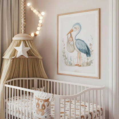 Stork and Baby Nursery Print - Birth Announcement Art - Boho Baby Room Decor - Gender Neutral Watercolor Poster - Newborn Gift Illustration