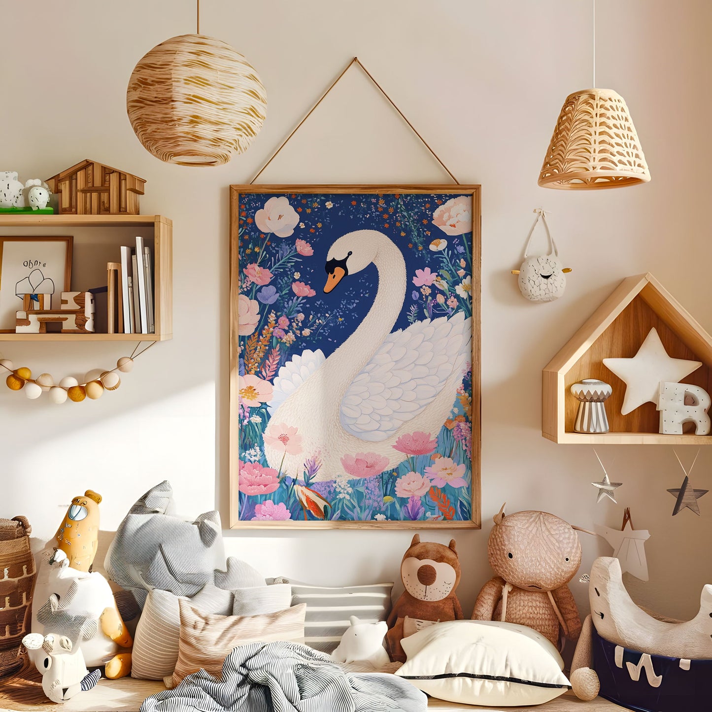 Whimsical Swan Nursery Print - Floral Night Sky Wall Art - Elegant Swan Illustration - Dreamy Fairytale Animal Poster - Boho Kids Room Decor