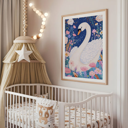 Whimsical Swan Nursery Print - Floral Night Sky Wall Art - Elegant Swan Illustration - Dreamy Fairytale Animal Poster - Boho Kids Room Decor