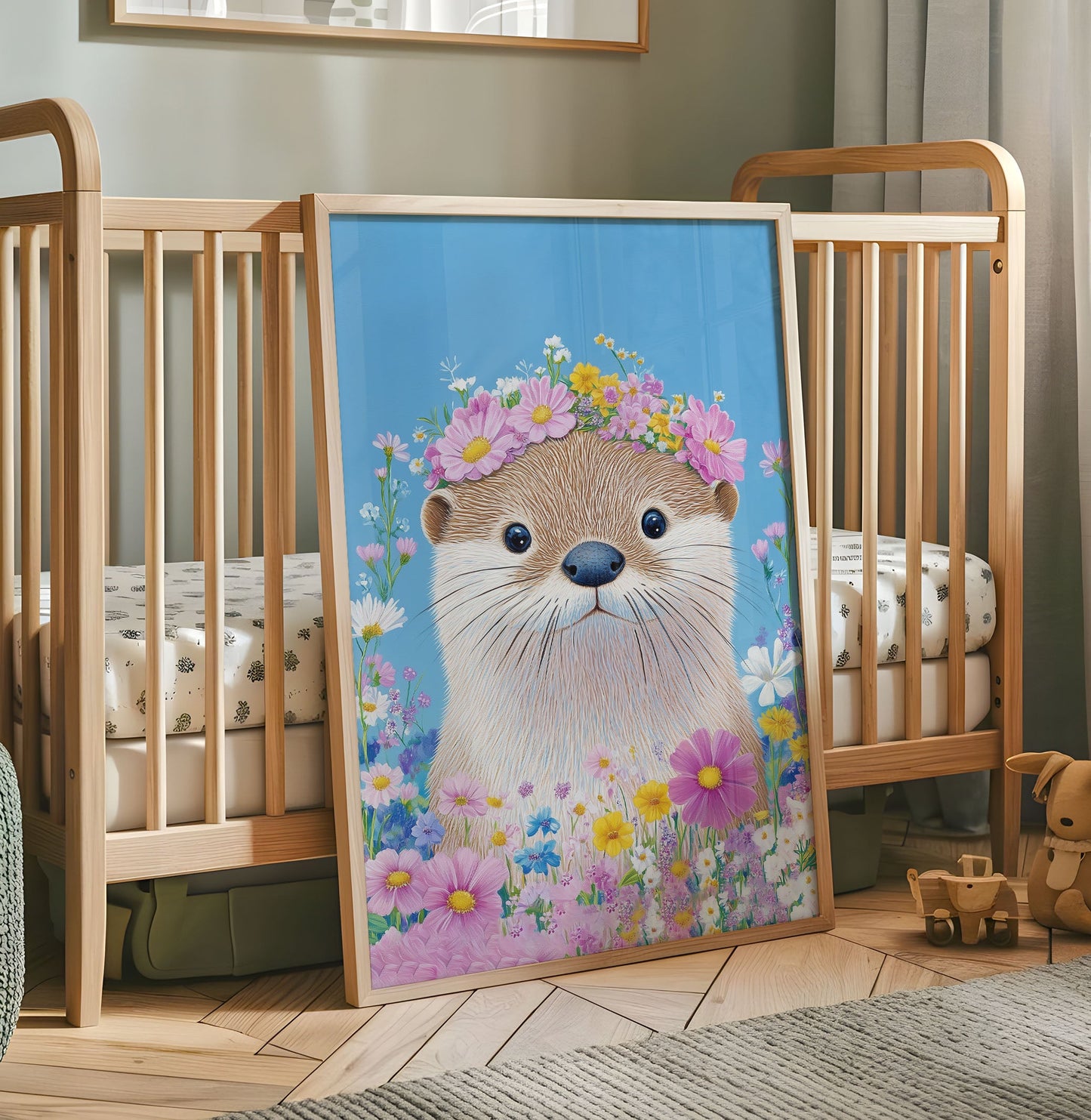 Floral Otter Wall Art - Cute Animal Print with Wildflowers, Woodland Nursery Decor, Baby Otter Illustration, Blue Pastel Kids Room Poster